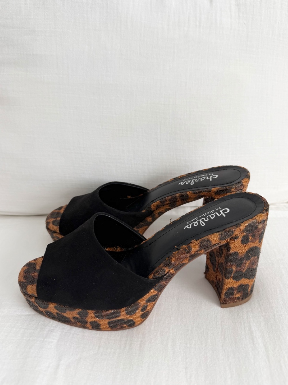 Y2K Charles by Charles David black and brown leopard print platform mule sandals